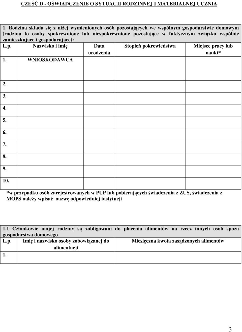 zamieszkujące i gospodarujące): L.p. Nazwisko i imię Data 1. WNIOSKODAWCA urodzenia Stopień pokrewieństwa Miejsce pracy lub nauki* 2. 3. 4. 5. 6. 7. 8. 9. 10.