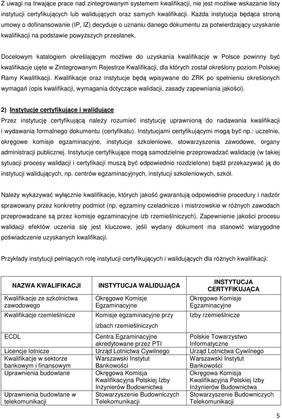 Docelowym katalogiem określającym możliwe do uzyskania kwalifikacje w Polsce powinny być kwalifikacje ujęte w Zintegrowanym Rejestrze Kwalifikacji, dla których został określony poziom Polskiej Ramy