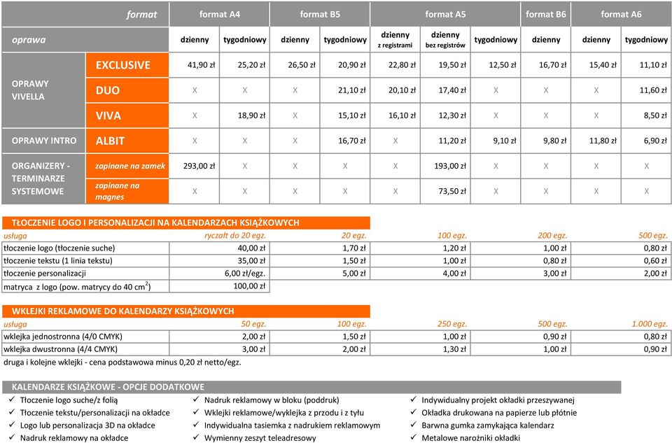 INTRO ALBIT 16,70 zł 11,20 zł 9,10 zł 9,80 zł 11,80 zł 6,90 zł ORGANIZERY - TERMINARZE SYSTEMOWE zapinane na zamek 293,00 zł 193,00 zł zapinane na magnes 73,50 zł TŁOCZENIE LOGO I PERSONALIZACJI NA