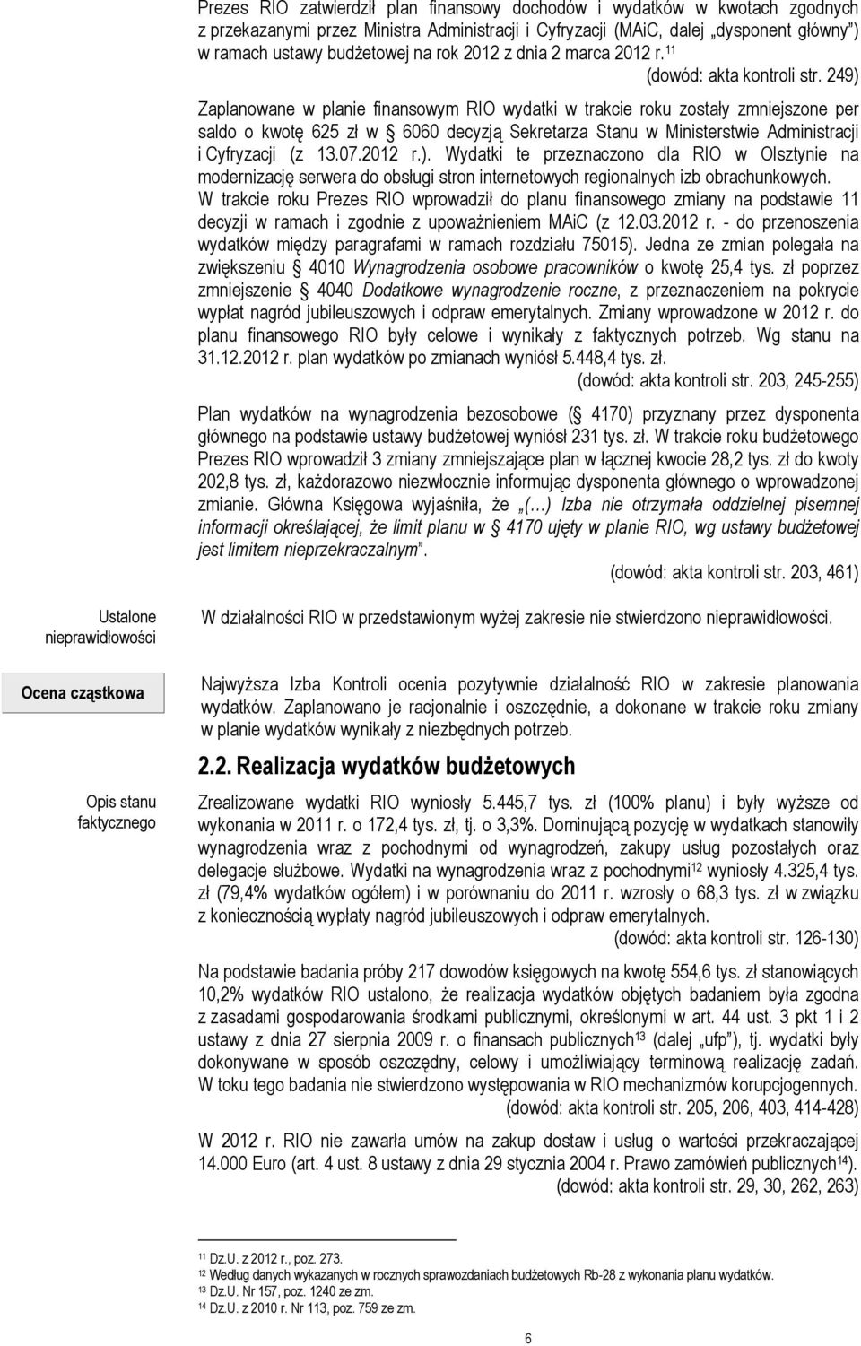 249) Zaplanowane w planie finansowym RIO wydatki w trakcie roku zostały zmniejszone per saldo o kwotę 625 zł w 6060 decyzją Sekretarza Stanu w Ministerstwie Administracji i Cyfryzacji (z 13.07.2012 r.