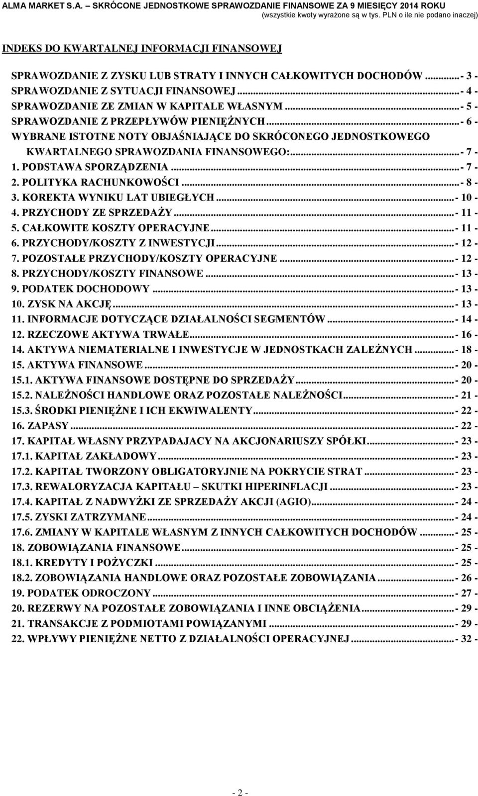 POLITYKA RACHUNKOWOŚCI... - 8-3. KOREKTA WYNIKU LAT UBIEGŁYCH... - 10-4. PRZYCHODY ZE SPRZEDAŻY... - 11-5. CAŁKOWITE KOSZTY OPERACYJNE... - 11-6. PRZYCHODY/KOSZTY Z INWESTYCJI... - 12-7.