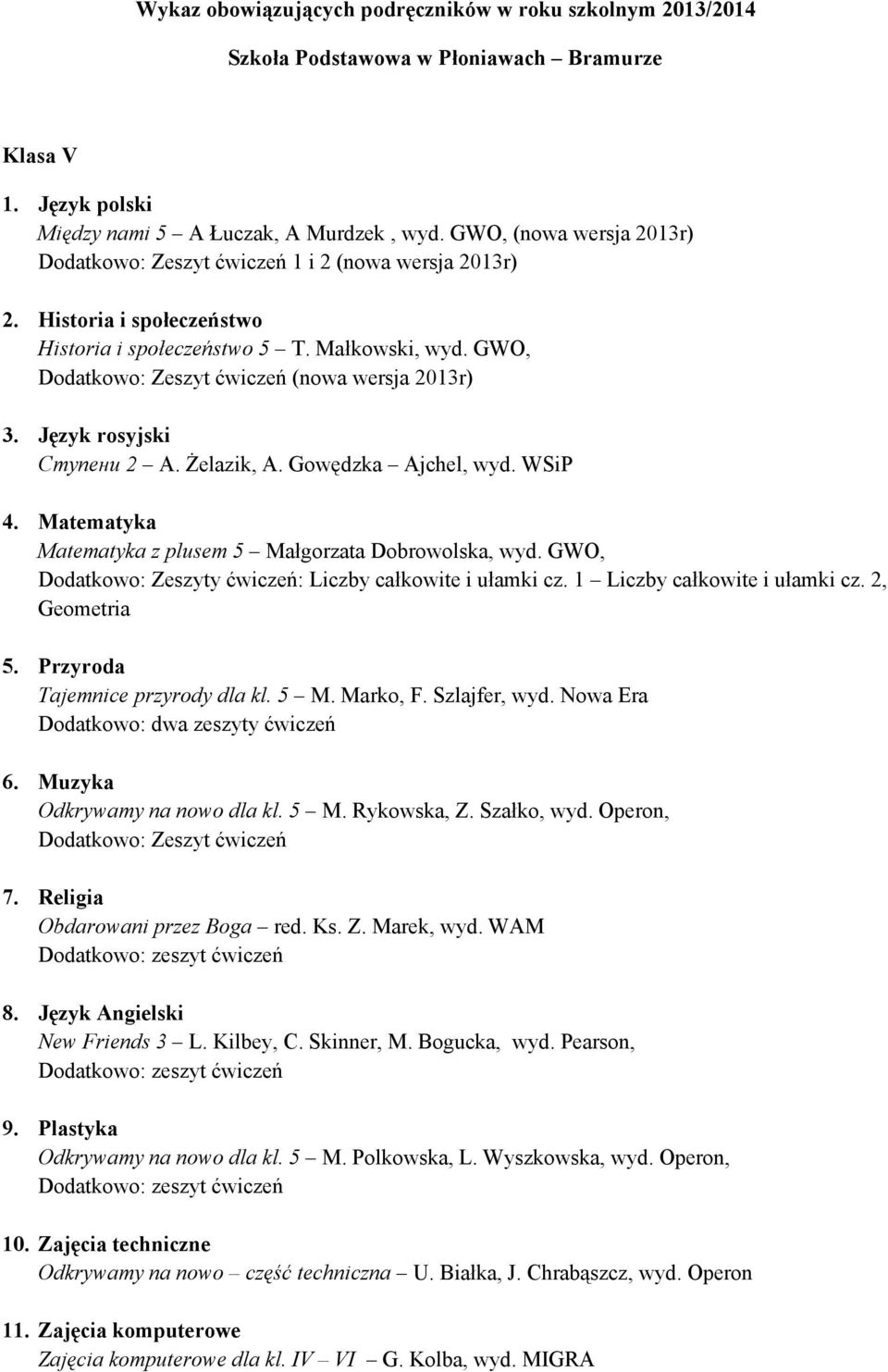 2, Geometria Tajemnice przyrody dla kl. 5 M. Marko, F. Szlajfer, wyd. Nowa Era Dodatkowo: dwa zeszyty ćwiczeń 6. Muzyka Odkrywamy na nowo dla kl. 5 M. Rykowska, Z. Szałko, wyd. Operon, 7.