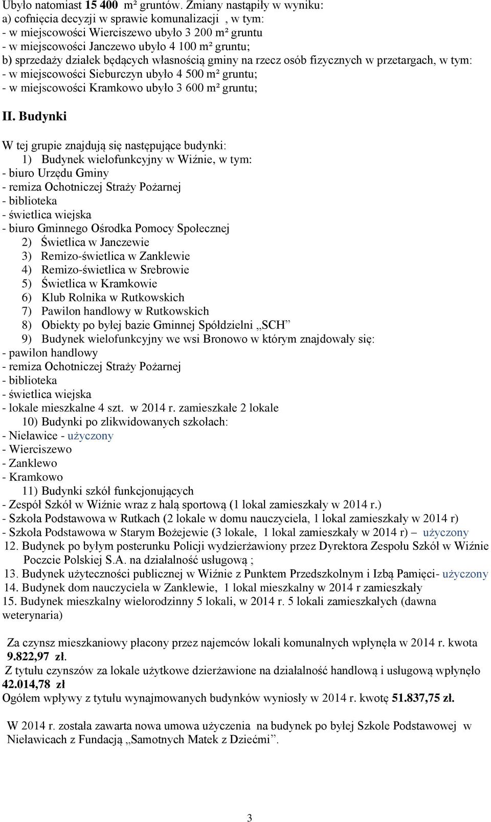 działek będących własnością gminy na rzecz osób fizycznych w przetargach, w tym: - w miejscowości Sieburczyn ubyło 4 500 m² gruntu; - w miejscowości Kramkowo ubyło 3 600 m² gruntu; II.