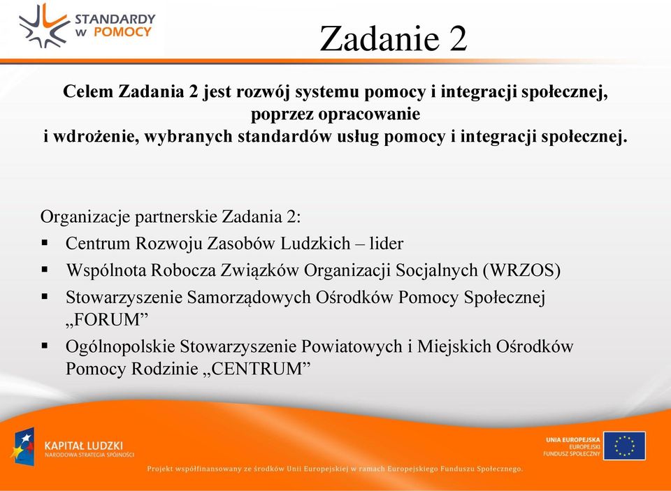 Organizacje partnerskie Zadania 2: Centrum Rozwoju Zasobów Ludzkich lider Wspólnota Robocza Związków Organizacji