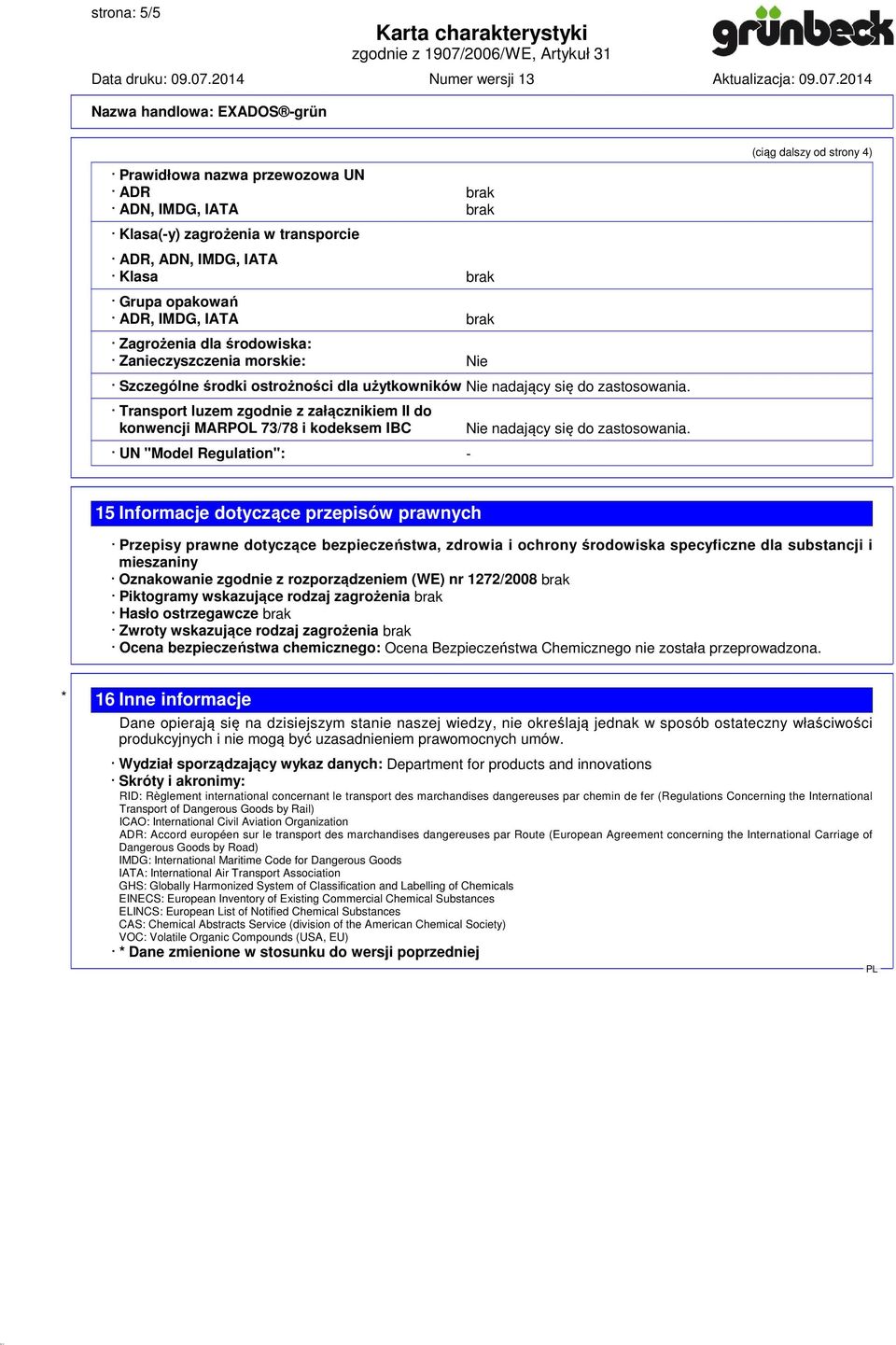 Transport luzem zgodnie z załącznikiem II do konwencji MARPOL 73/78 i kodeksem IBC UN "Model Regulation": - Nie nadający się do zastosowania.