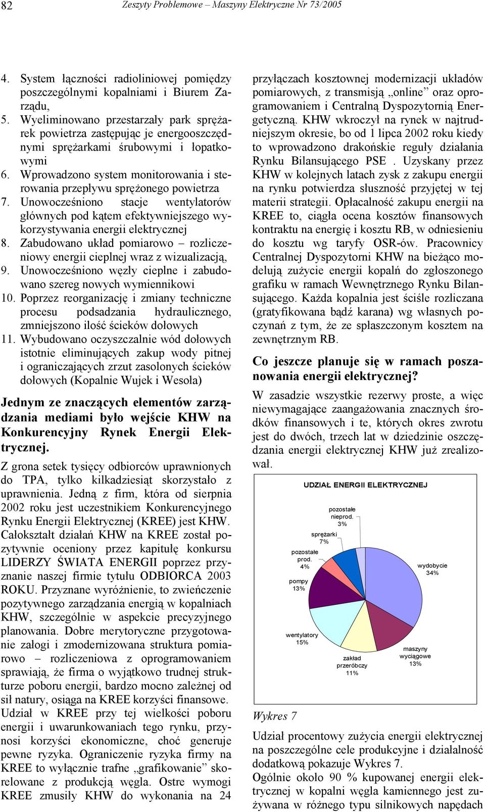 Wprowadzono system monitorowania i sterowania przepływu sprężonego powietrza 7. Unowocześniono stacje wentylatorów głównych pod kątem efektywniejszego wykorzystywania energii elektrycznej 8.