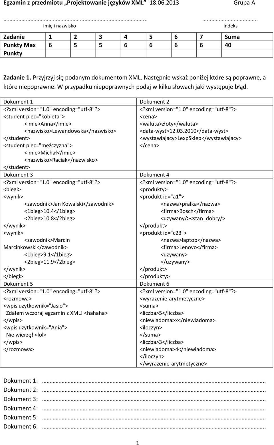 Dokument 1 Dokument 2 <student plec="kobieta"> <cena> <imie>anna</imie> <waluta>złoty</waluta> <nazwisko>lewandowska</nazwisko> <data-wyst>12.03.