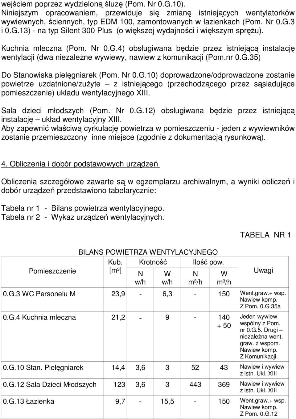 nr 0.G.35) Do Stanowiska pielęgniarek (Pom. Nr 0.G.10) doprowadzone/odprowadzone zostanie powietrze uzdatnione/zużyte z istniejącego (przechodzącego przez sąsiadujące pomieszczenie) układu wentylacyjnego XIII.