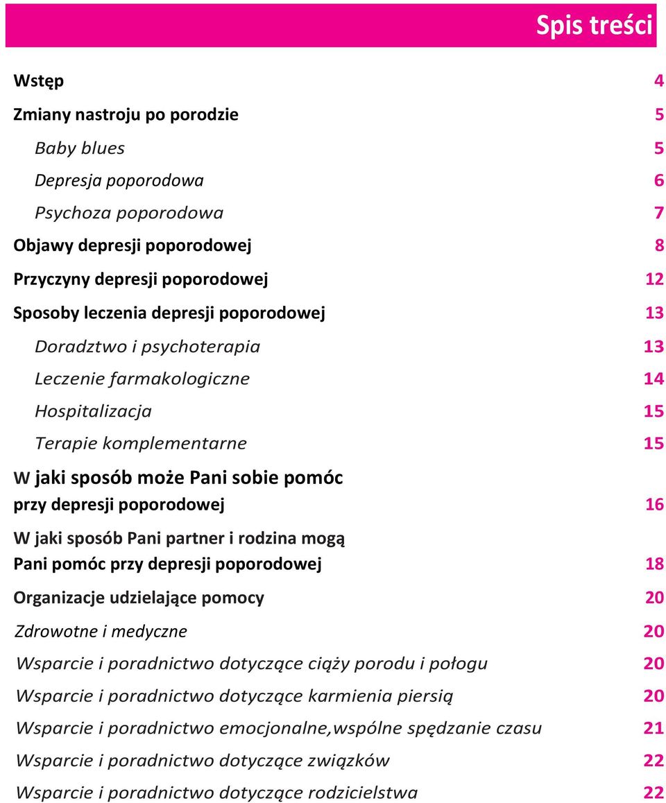 Pani partner i rodzina mogą Pani pomóc przy depresji poporodowej 18 Organizacje udzielające pomocy 20 Zdrowotne i medyczne 20 Wsparcie i poradnictwo dotyczące ciąży porodu i połogu 20 Wsparcie i