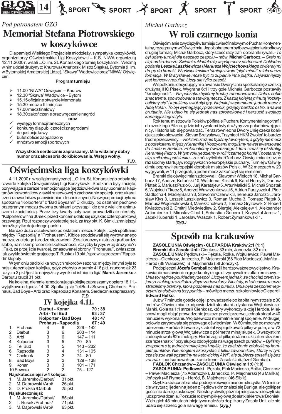 Koszykówki K.S. NIWA organizuj¹ 12.11.2000 r. w sali L.O. im. St. Konarskiego turniej koszykarski. Wezm¹ w nim udzia³ dru yny z: Knurowa (Amatorski Mistrz Œl¹ska), Bytomia (III m.