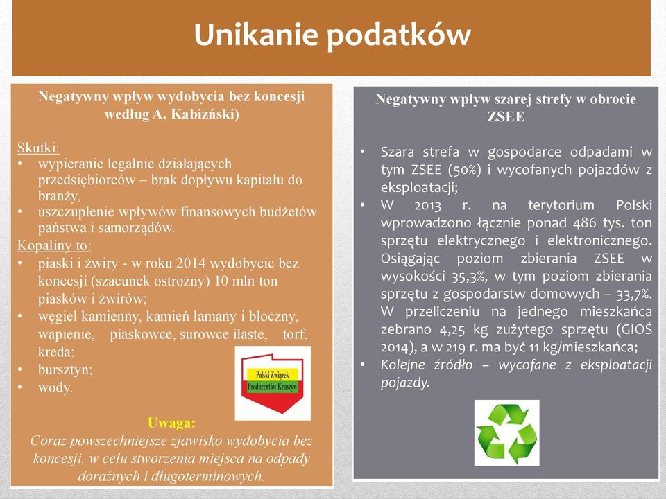 Kopaliny to: piaski i żwiry - w roku 2014 wydobycie bez koncesji (szacunek ostrożny) 10 mln ton piasków i żwirów; węgiel kamienny, kamień łamany i bloczny, wapienie, piaskowce, surowce ilaste, torf,