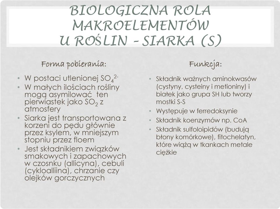 (allicyna), cebuli (cykloalliina), chrzanie czy olejków gorczycznych Funkcja: Składnik ważnych aminokwasów (cystyny, cysteiny i metioniny) i białek jako grupa SH