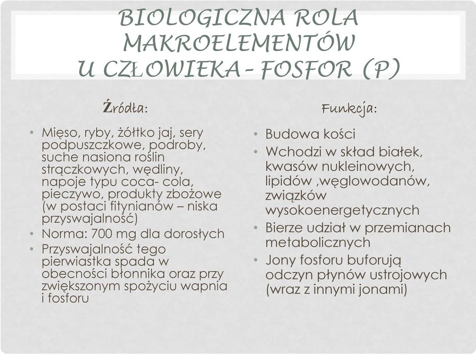 spada w obecności błonnika oraz przy zwiększonym spożyciu wapnia i fosforu Funkcja: Budowa kości Wchodzi w skład białek, kwasów nukleinowych,