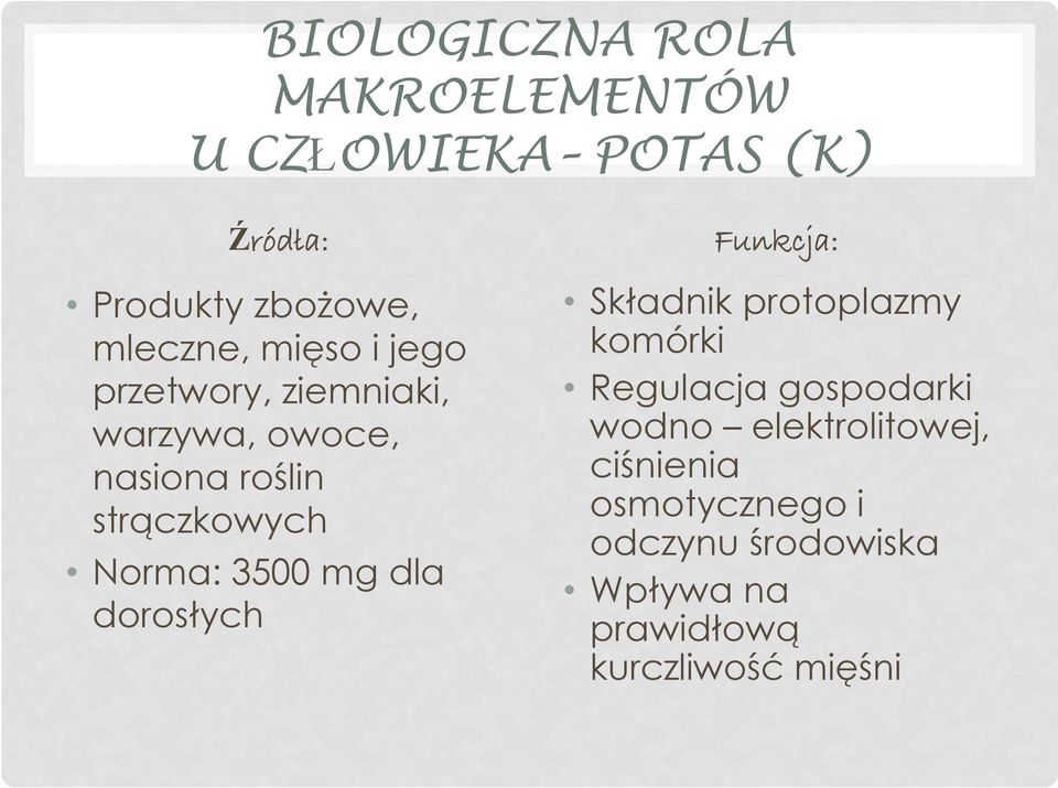 dorosłych Funkcja: Składnik protoplazmy komórki Regulacja gospodarki wodno