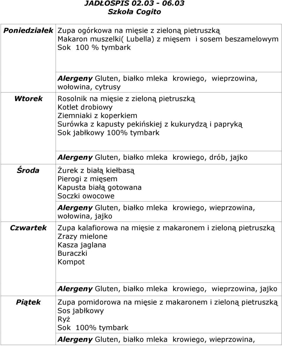 mięsie z zieloną pietruszką Kotlet drobiowy Surówka z kapusty pekińskiej z kukurydzą i papryką Sok jabłkowy 100% tymbark Alergeny Gluten, białko