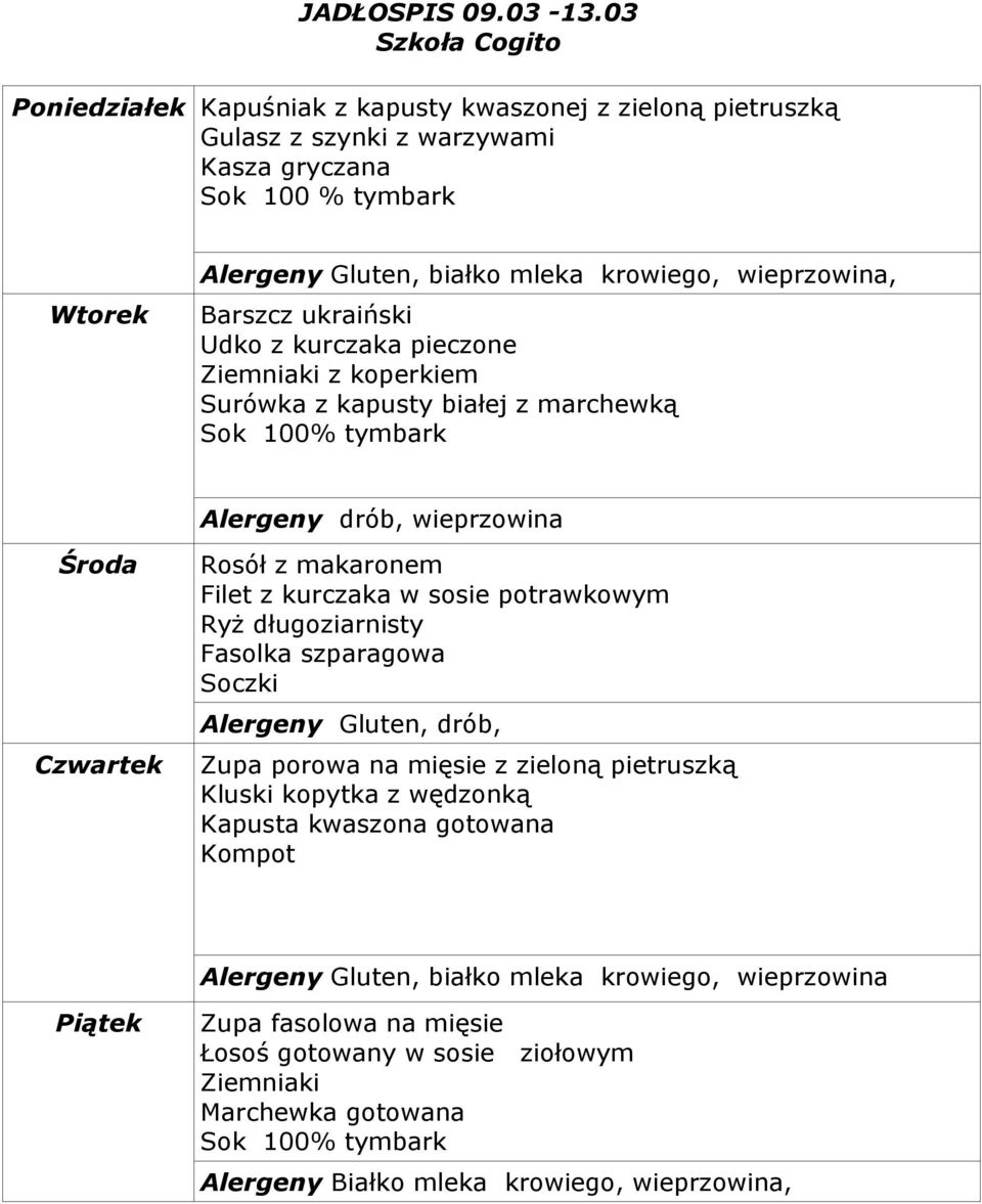 Surówka z kapusty białej z marchewką Alergeny drób, wieprzowina Rosół z makaronem Filet z kurczaka w sosie potrawkowym Ryż długoziarnisty Fasolka szparagowa