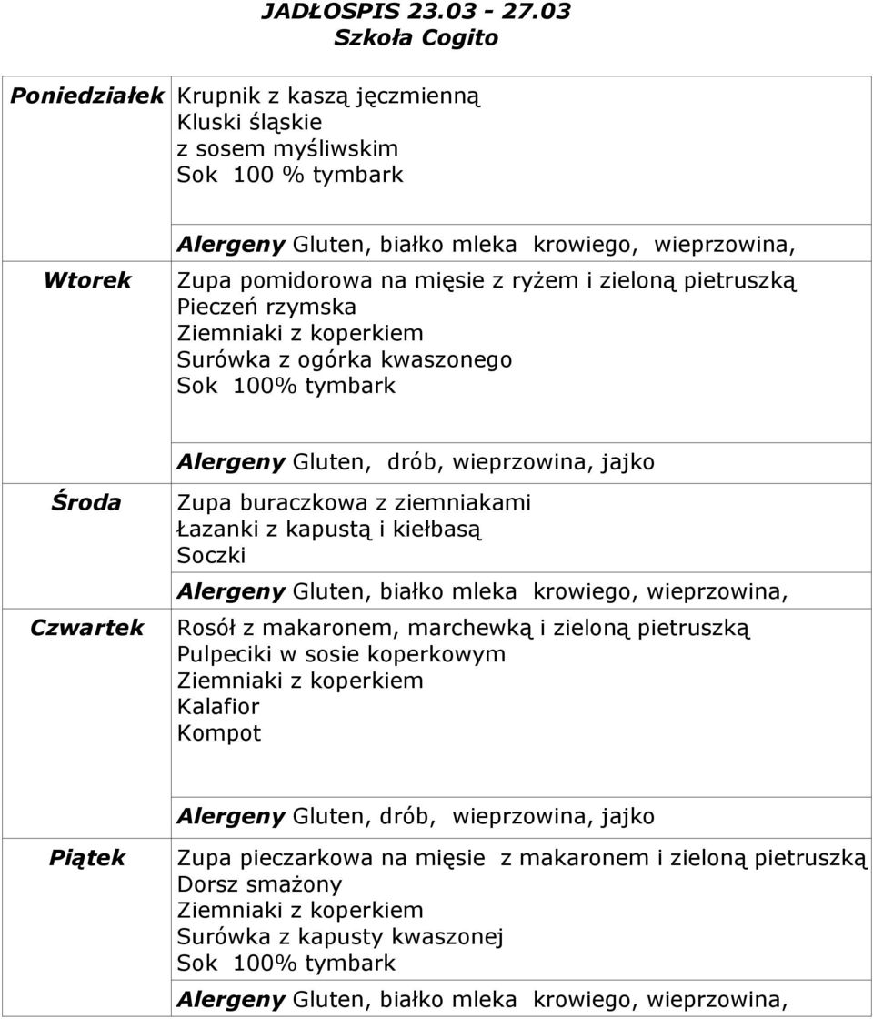 i zieloną pietruszką Pieczeń rzymska Surówka z ogórka kwaszonego Zupa buraczkowa z ziemniakami Łazanki z