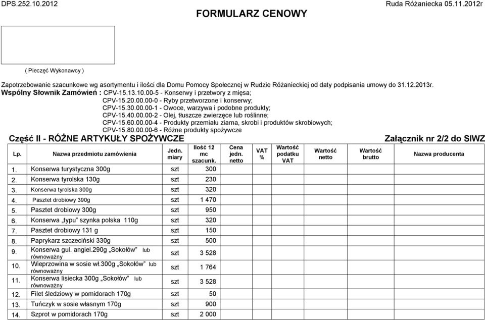 Wspólny Słownik Zamówień : CPV-15.13.10.00-5 - Konserwy i przetwory z mięsa; CPV-15.20.00.00-0 - Ryby przetworzone i konserwy; CPV-15.30.00.00-1 - Owoce, warzywa i podobne produkty; CPV-15.40.00.00-2 - Olej, tłuszcze zwierzęce lub roślinne; CPV-15.