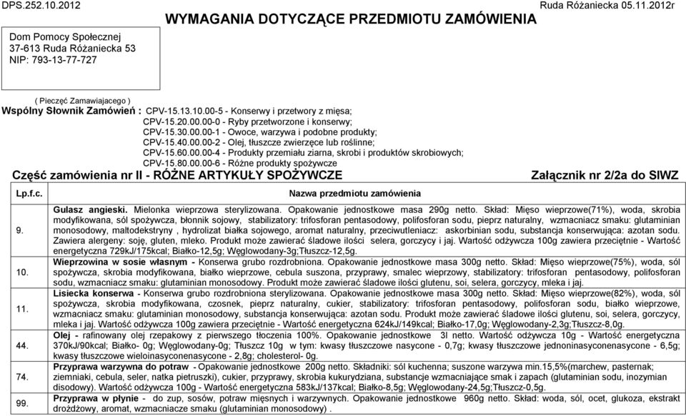 40.00.00-2 - Olej, tłuszcze zwierzęce lub roślinne; CPV-15.60.00.00-4 - Produkty przemiału ziarna, skrobi i produktów skrobiowych; CPV-15.80.00.00-6 - Różne produkty spożywcze Część zamówienia nr II - RÓŻNE ARTYKUŁY SPOŻYWCZE Lp.