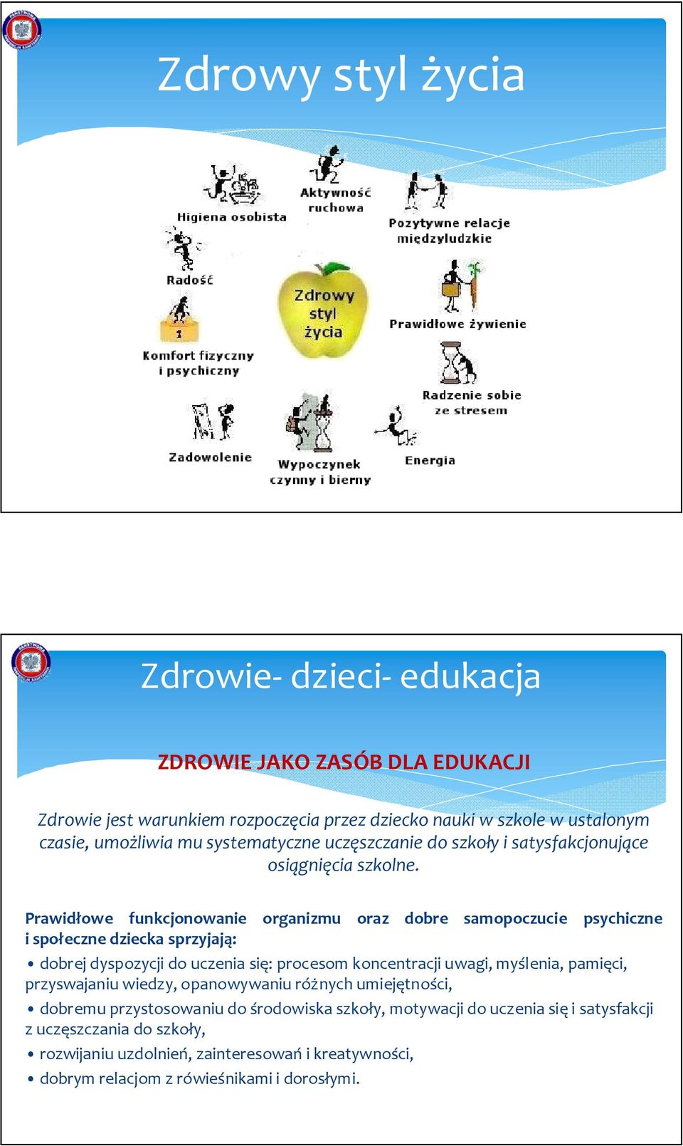 Prawidłowe funkcjonowanie organizmu oraz dobre samopoczucie psychiczne i społeczne dziecka sprzyjają: dobrej dyspozycji do uczenia się: procesom koncentracji uwagi,