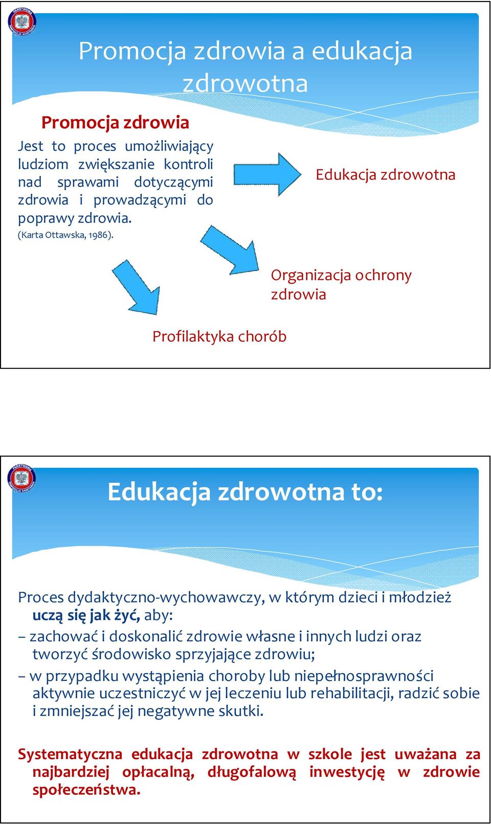 Edukacja zdrowotna Organizacja ochrony zdrowia Profilaktyka chorób Edukacja zdrowotna to: Proces dydaktyczno-wychowawczy, w którym dzieci i młodzież uczą się jak żyć, aby: zachować i