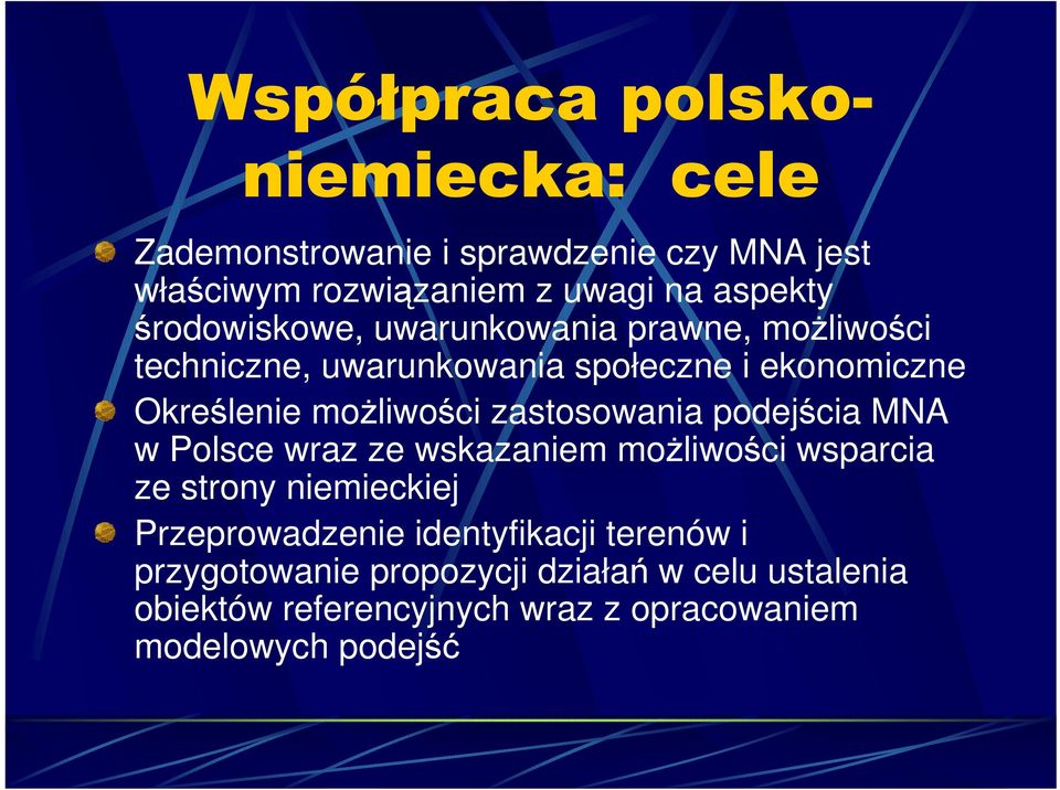 zastosowania podejścia MNA w Polsce wraz ze wskazaniem moŝliwości wsparcia ze strony niemieckiej Przeprowadzenie