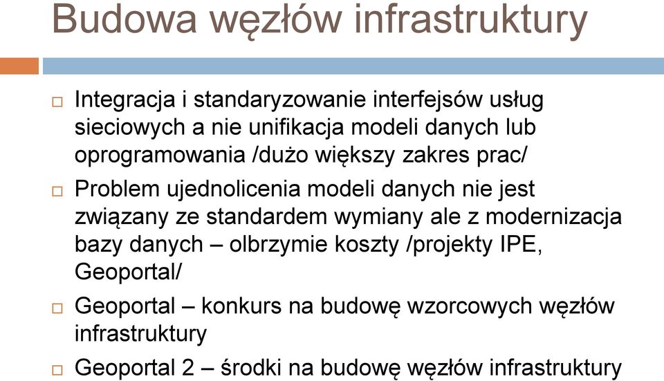 związany ze standardem wymiany ale z modernizacja bazy danych olbrzymie koszty /projekty IPE, Geoportal/