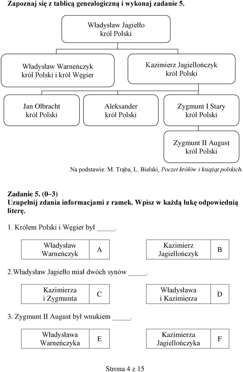 król Polski Zygmunt II August król Polski Na podstawie: M. Trąba, L. Bielski, Poczet królów i książąt polskich. Zadanie 5. (0 3) Uzupełnij zdania informacjami z ramek.