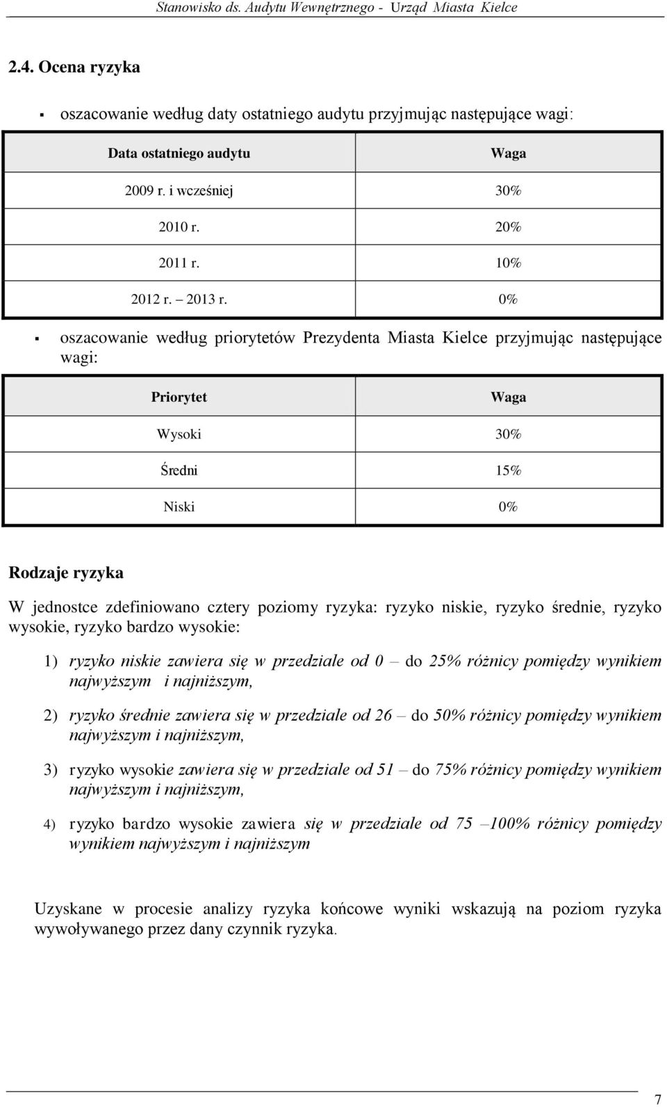 ryzyko niskie, ryzyko średnie, ryzyko wysokie, ryzyko bardzo wysokie: 1) ryzyko niskie zawiera się w przedziale od 0 do 25% różnicy pomiędzy wynikiem najwyższym i najniższym, 2) ryzyko średnie