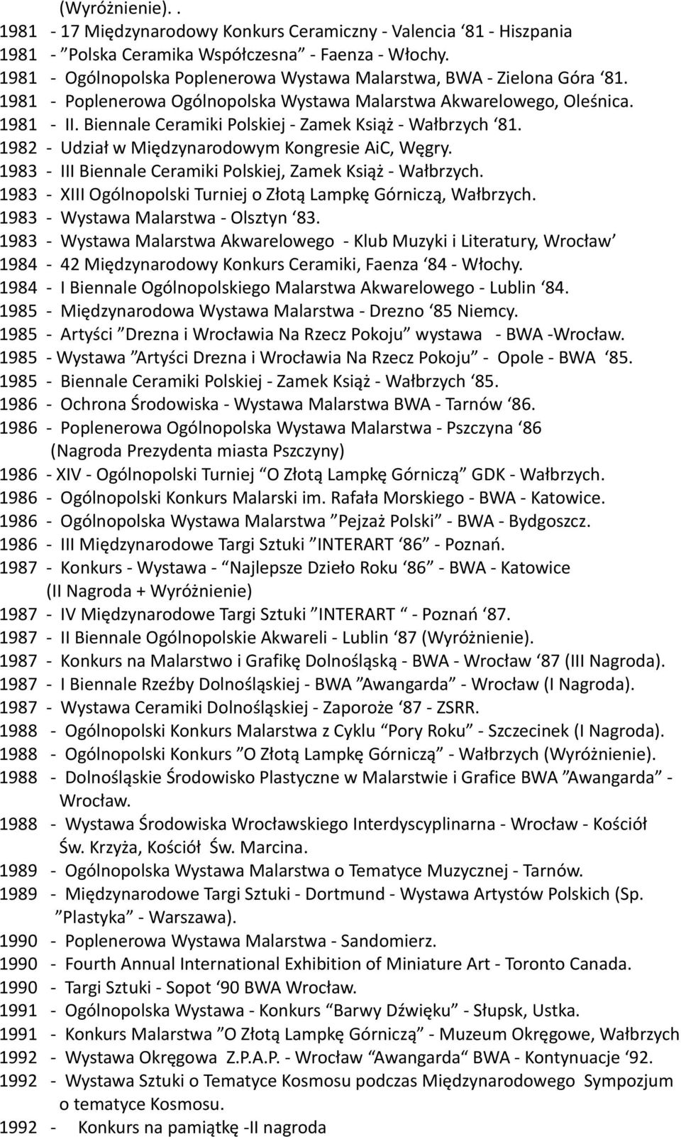 Biennale Ceramiki Polskiej - Zamek Książ - Wałbrzych 81. 1982 - Udział w Międzynarodowym Kongresie AiC, Węgry. 1983 - III Biennale Ceramiki Polskiej, Zamek Książ - Wałbrzych.