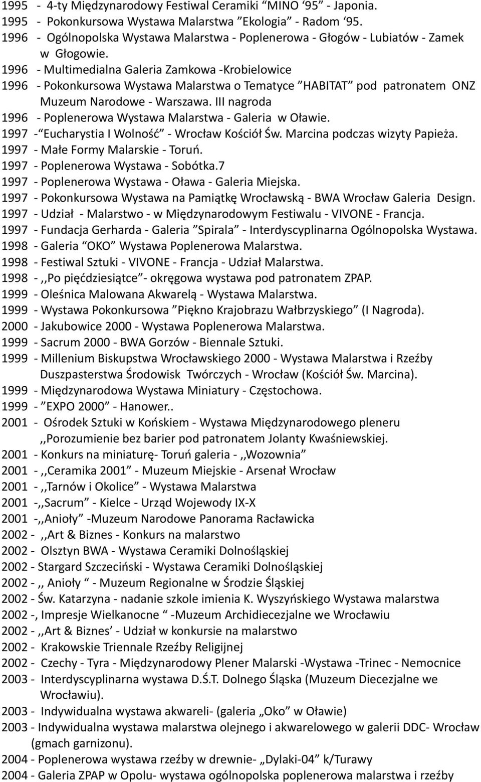 1996 - Multimedialna Galeria Zamkowa -Krobielowice 1996 - Pokonkursowa Wystawa Malarstwa o Tematyce HABITAT pod patronatem ONZ Muzeum Narodowe - Warszawa.