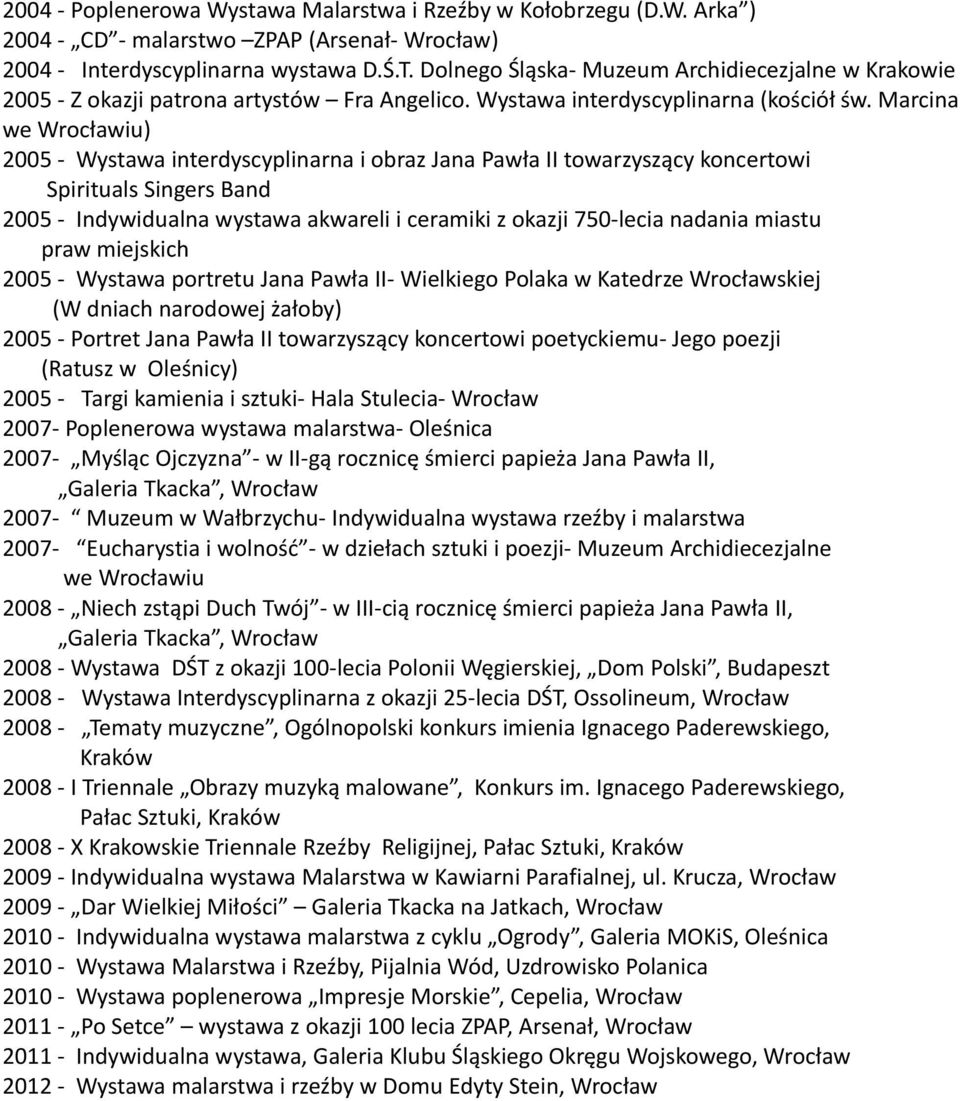 Marcina we Wrocławiu) 2005 - Wystawa interdyscyplinarna i obraz Jana Pawła II towarzyszący koncertowi Spirituals Singers Band 2005 - Indywidualna wystawa akwareli i ceramiki z okazji 750-lecia