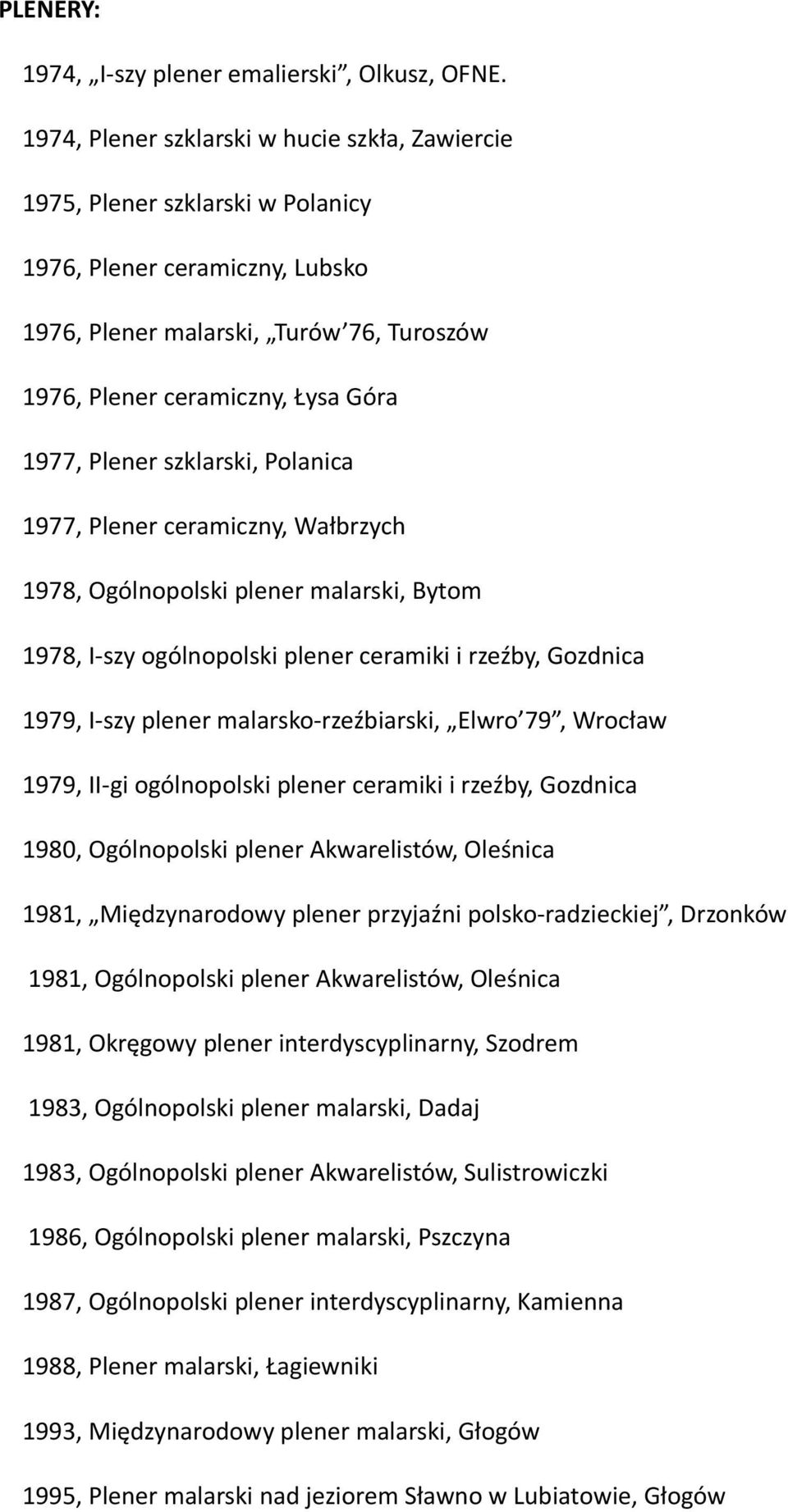 Plener szklarski, Polanica 1977, Plener ceramiczny, Wałbrzych 1978, Ogólnopolski plener malarski, Bytom 1978, I-szy ogólnopolski plener ceramiki i rzeźby, Gozdnica 1979, I-szy plener