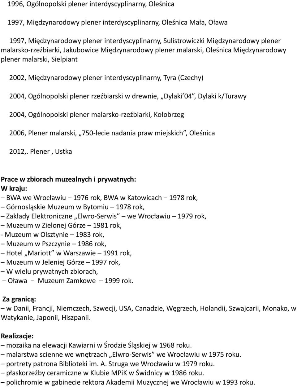 2004, Ogólnopolski plener rzeźbiarski w drewnie, Dylaki 04, Dylaki k/turawy 2004, Ogólnopolski plener malarsko-rzeźbiarki, Kołobrzeg 2006, Plener malarski, 750-lecie nadania praw miejskich, Oleśnica