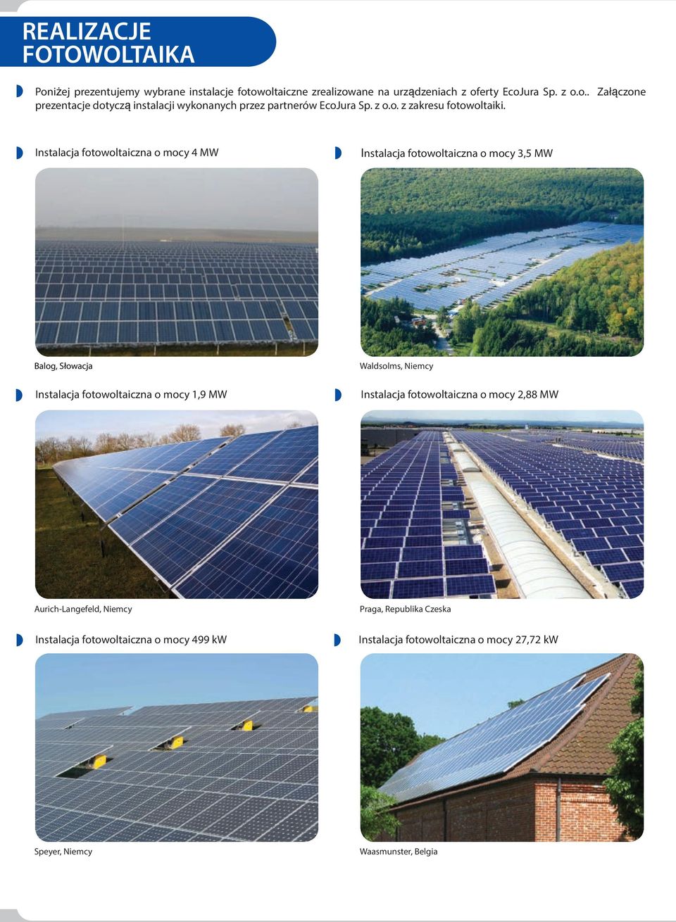 Instalacja fotowoltaiczna o mocy 4 MW Instalacja fotowoltaiczna o mocy 3,5 MW Balog, Słowacja Instalacja fotowoltaiczna o mocy 1,9 MW Waldsolms, Niemcy