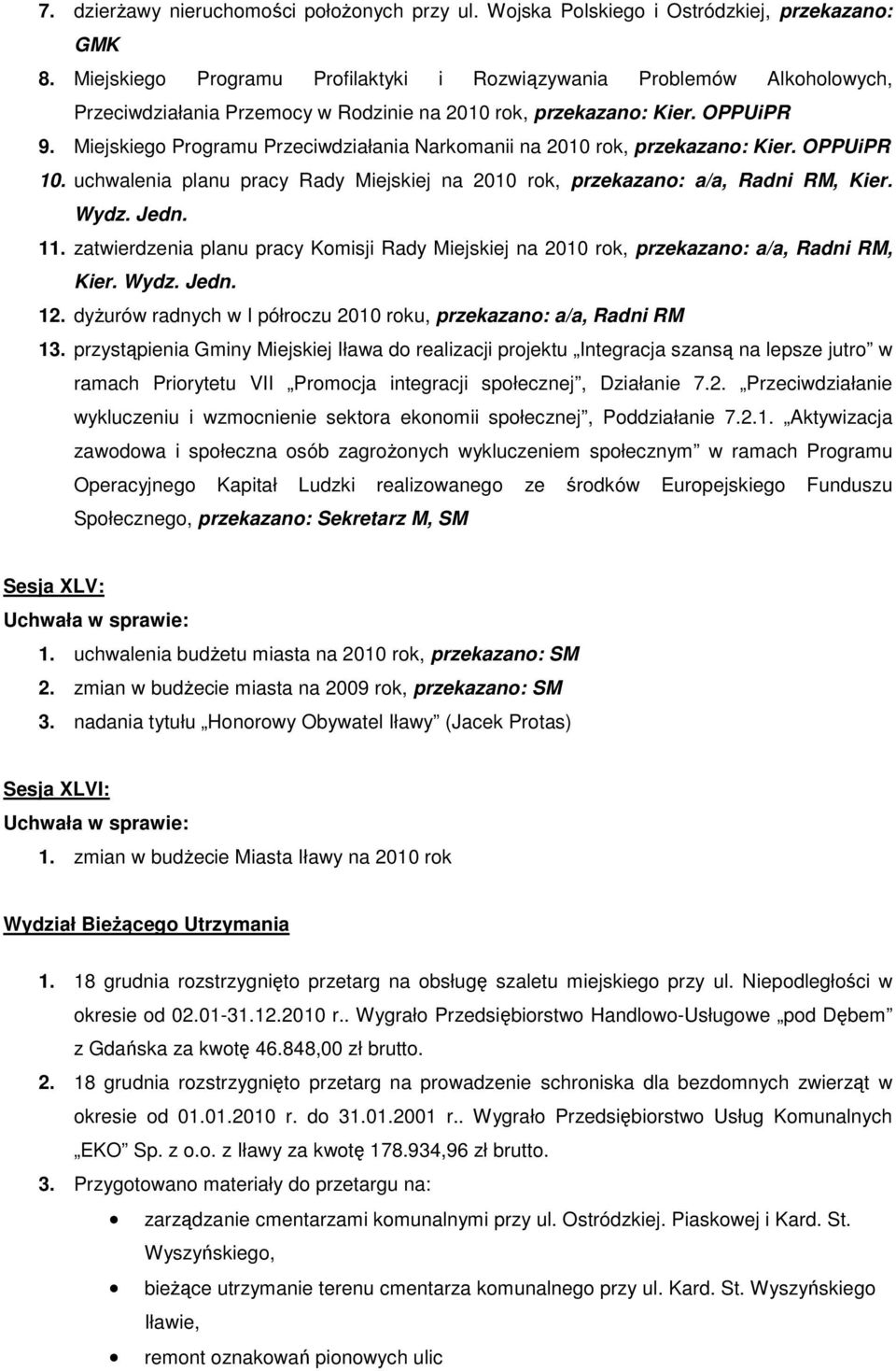 Miejskiego Programu Przeciwdziałania Narkomanii na 2010 rok, przekazano: Kier. OPPUiPR 10. uchwalenia planu pracy Rady Miejskiej na 2010 rok, przekazano: a/a, Radni RM, Kier. Wydz. Jedn. 11.