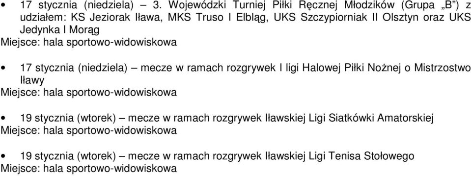 Szczypiorniak II Olsztyn oraz UKS Jedynka I Morąg 17 stycznia (niedziela) mecze w ramach rozgrywek I ligi