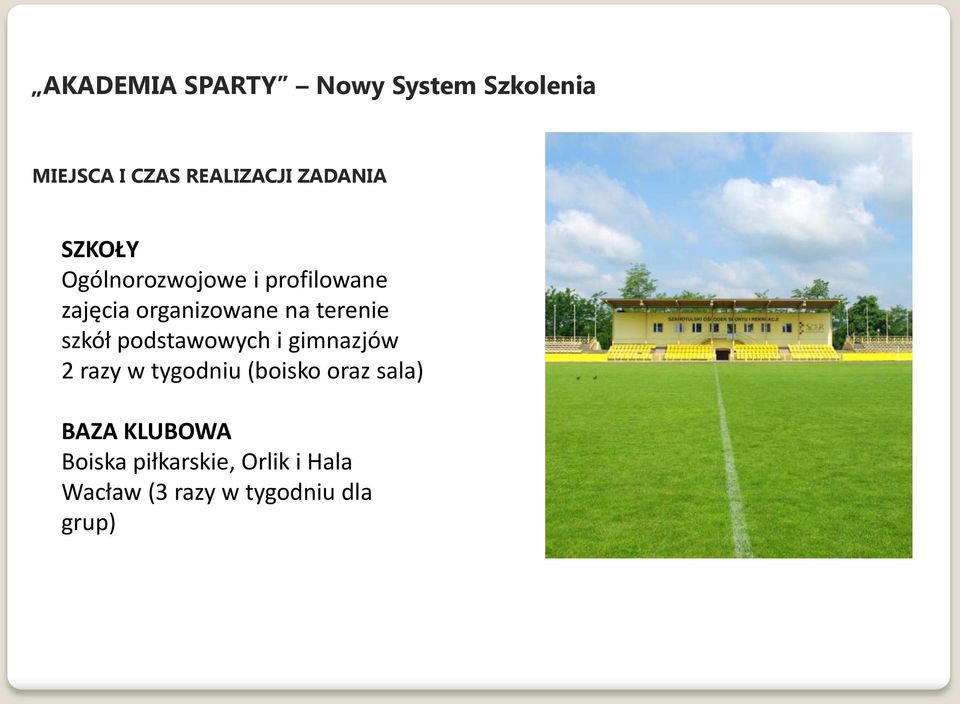 i gimnazjów 2 razy w tygodniu (boisko oraz sala) BAZA KLUBOWA