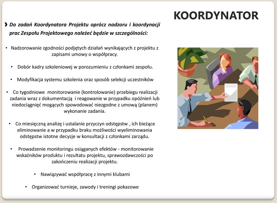 Modyfikacja systemu szkolenia oraz sposób selekcji uczestników Co tygodniowe monitorowanie (kontrolowanie) przebiegu realizacji zadania wraz z dokumentacją i reagowanie w przypadku opóźnieo lub