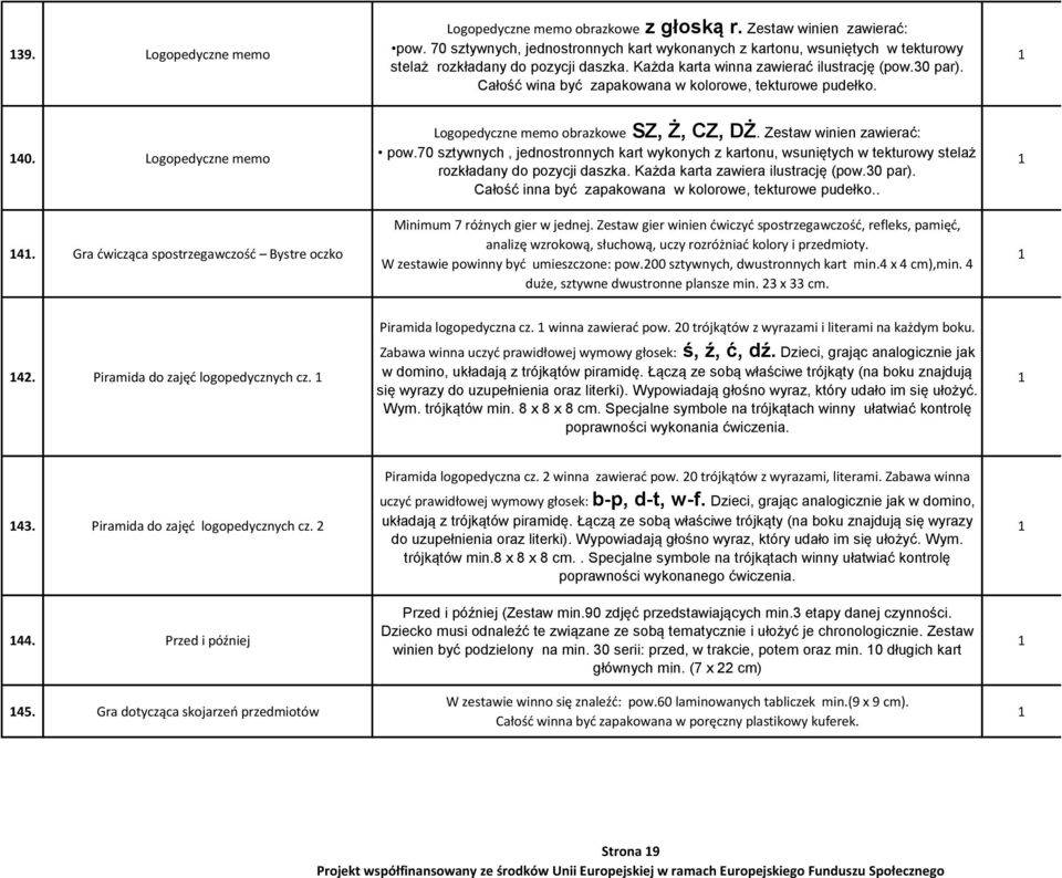 Całość wina być zapakowana w kolorowe, tekturowe pudełko. 40. Logopedyczne memo 4. Gra ćwicząca spostrzegawczość Bystre oczko Logopedyczne memo obrazkowe SZ, Ż, CZ, DŻ. Zestaw winien zawierać: pow.