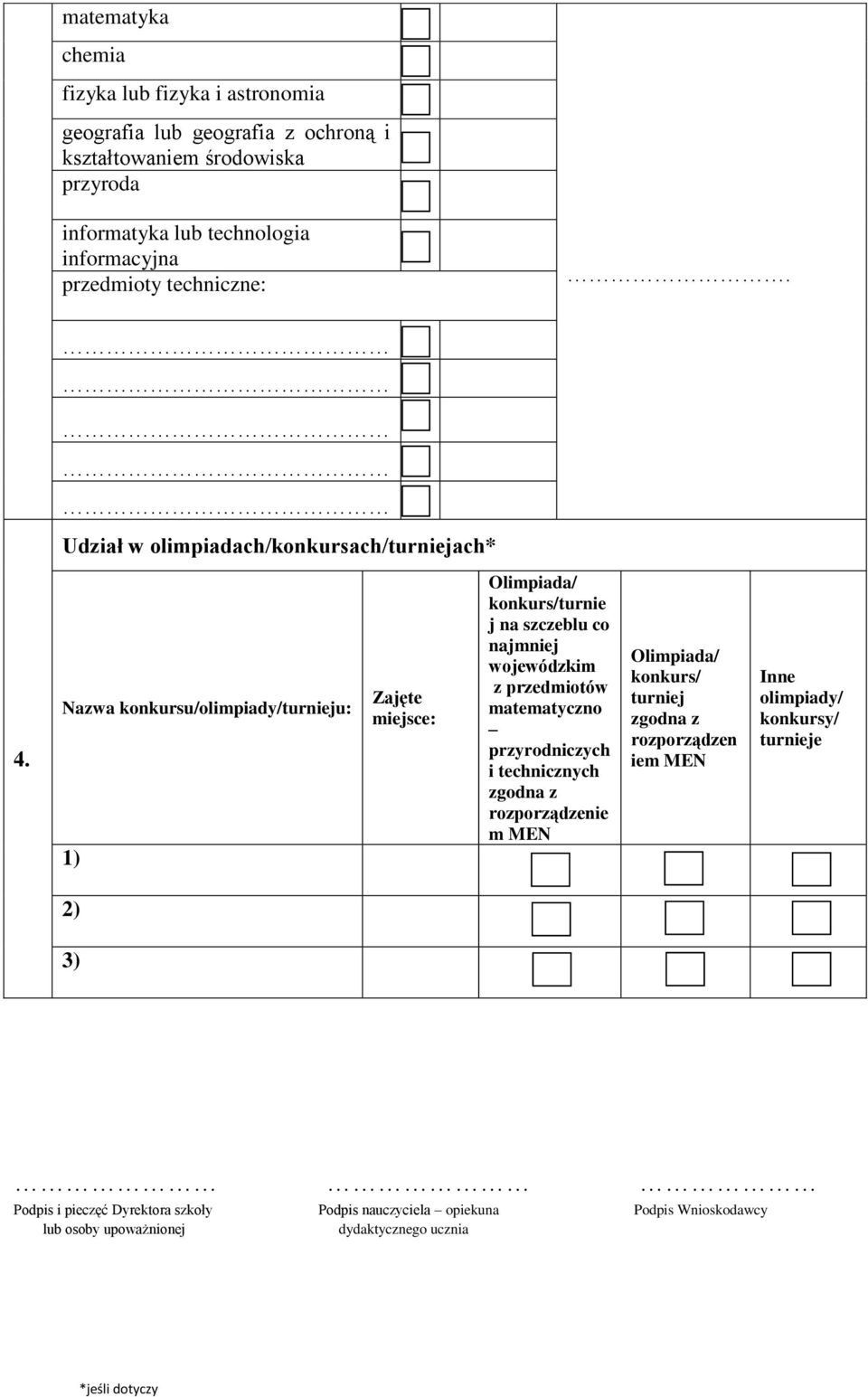 Nazwa konkursu/olimpiady/turnieju: 1) Zajęte miejsce: Olimpiada/ konkurs/turnie j na szczeblu co najmniej wojewódzkim z przedmiotów matematyczno przyrodniczych i