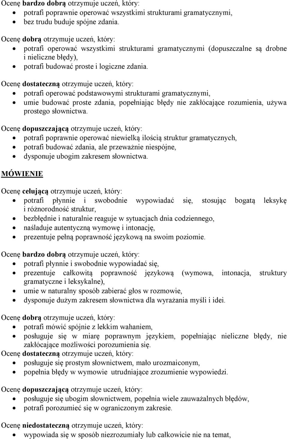 potrafi operować podstawowymi strukturami gramatycznymi, umie budować proste zdania, popełniając błędy nie zakłócające rozumienia, używa prostego słownictwa.