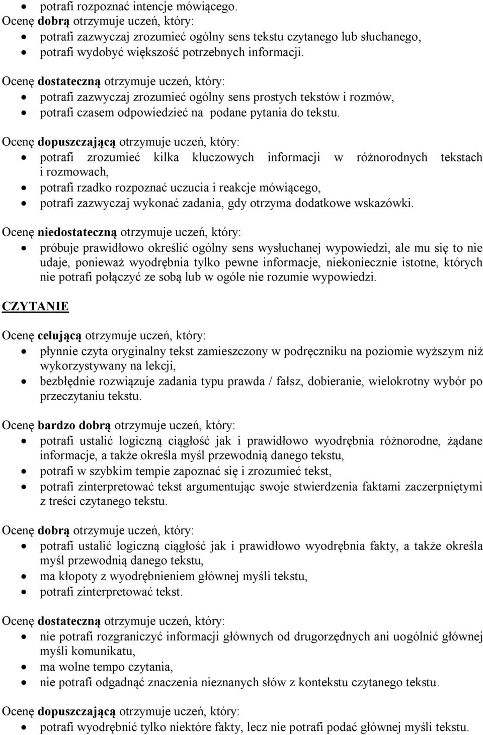 potrafi zrozumieć kilka kluczowych informacji w różnorodnych tekstach i rozmowach, potrafi rzadko rozpoznać uczucia i reakcje mówiącego, potrafi zazwyczaj wykonać zadania, gdy otrzyma dodatkowe