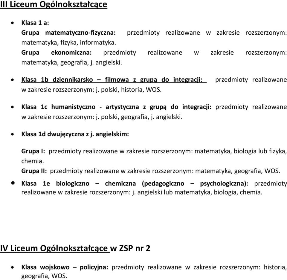 polski, historia, WOS. przedmioty realizowane Klasa 1c humanistyczno - artystyczna z grupą do integracji: przedmioty realizowane w zakresie rozszerzonym: j. polski, geografia, j. angielski.