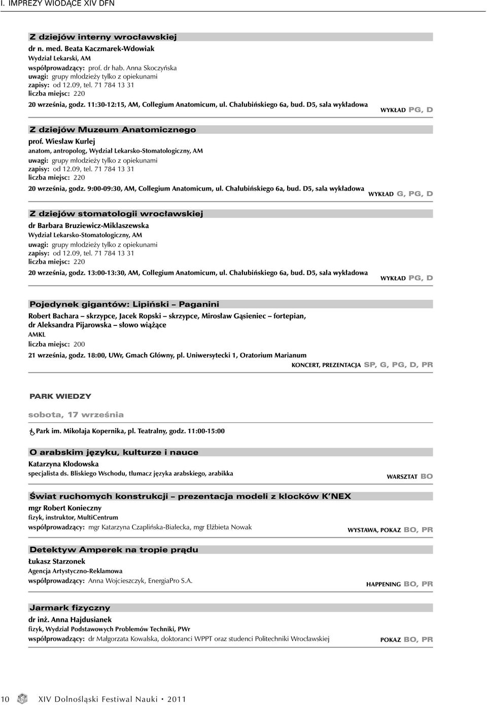 D5, sala wykładowa Z dziejów Muzeum Anatomicznego prof. Wiesław Kurlej anatom, antropolog, Wydział Lekarsko-Stomatologiczny, AM uwagi: grupy młodzieży tylko z opiekunami zapisy: od 12.09, tel.