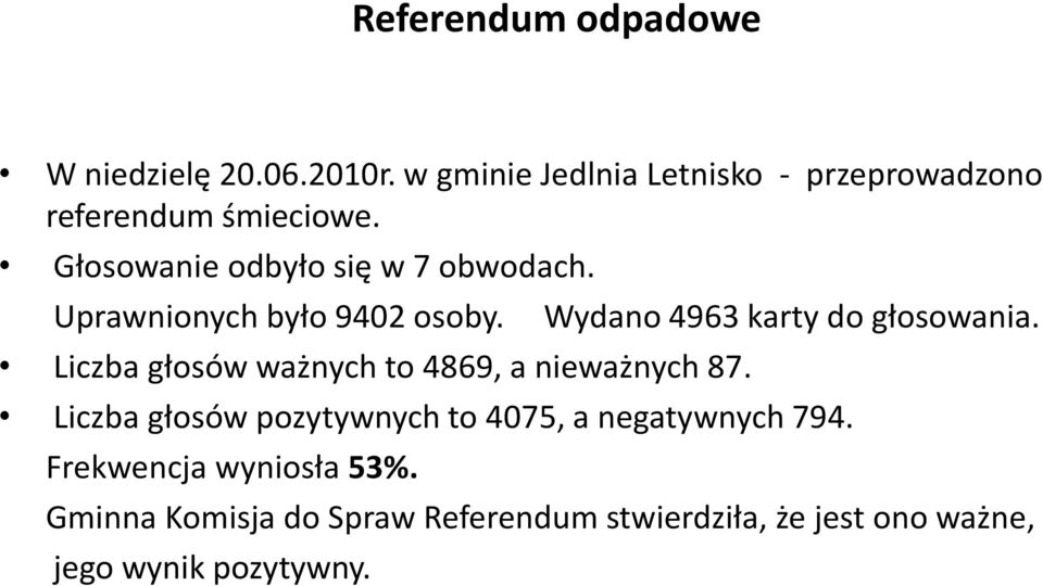 Uprawnionych było 9402 osoby. Liczba głosów ważnych to 4869, a nieważnych 87.