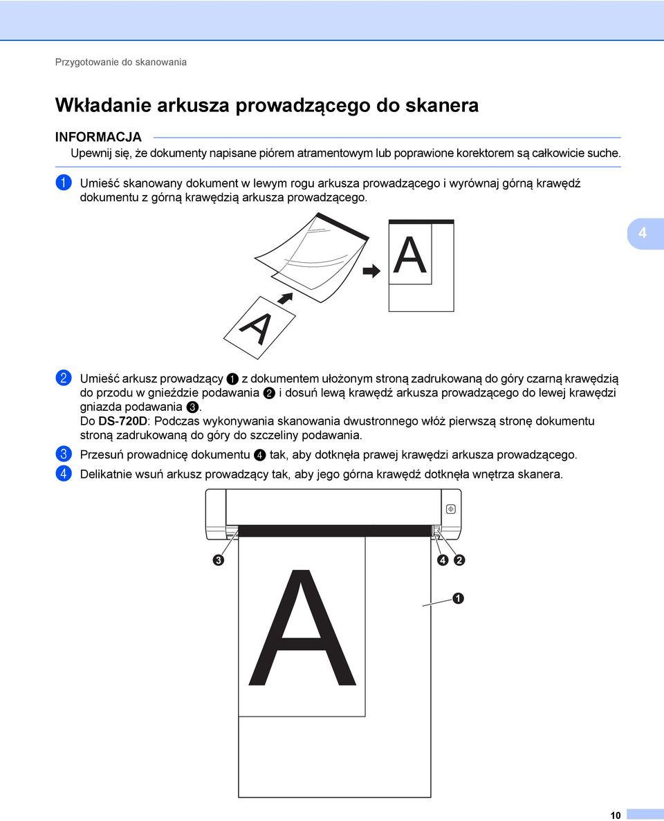 4 2 Umieść arkusz prowadzący 1 z dokumentem ułożonym stroną zadrukowaną do góry czarną krawędzią do przodu w gnieździe podawania 2 i dosuń lewą krawędź arkusza prowadzącego do lewej krawędzi gniazda