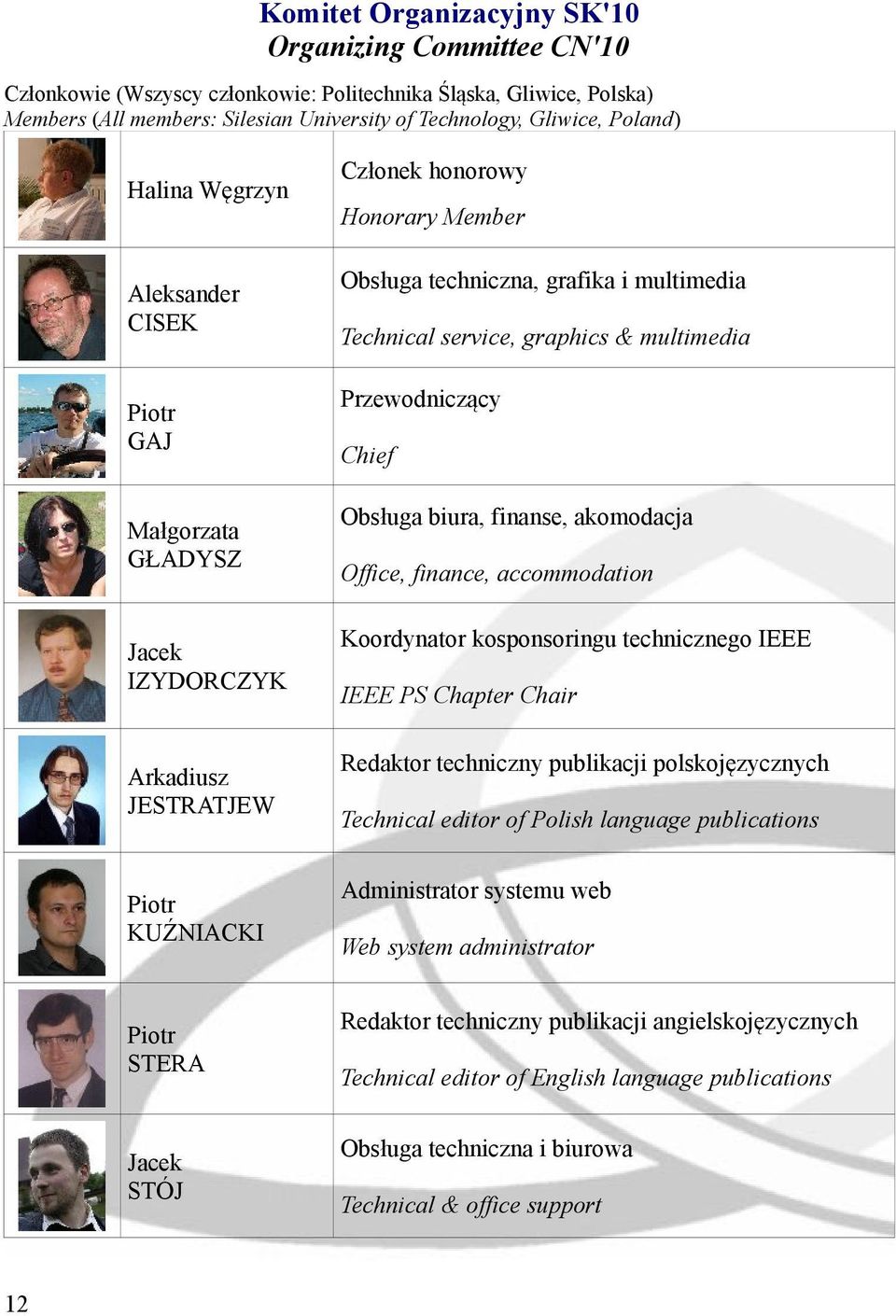 service, graphics & multimedia Przewodniczący Chief Obsługa biura, finanse, akomodacja Office, finance, accommodation Koordynator kosponsoringu technicznego IEEE IEEE PS Chapter Chair Redaktor