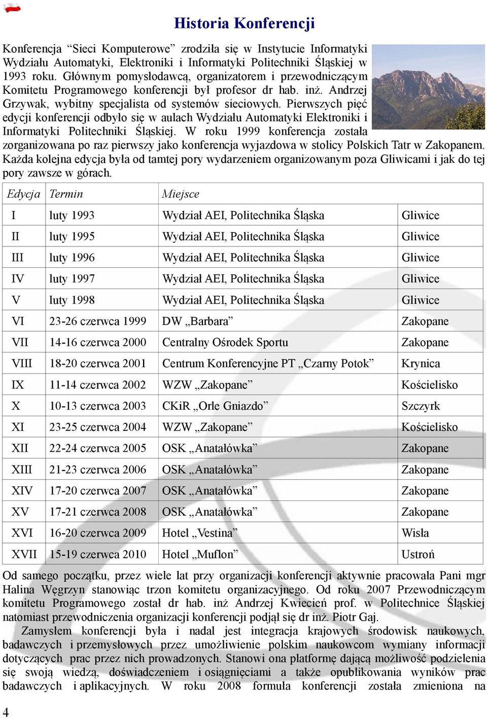 Pierwszych pięć edycji konferencji odbyło się w aulach Wydziału Automatyki Elektroniki i Informatyki Politechniki Śląskiej.