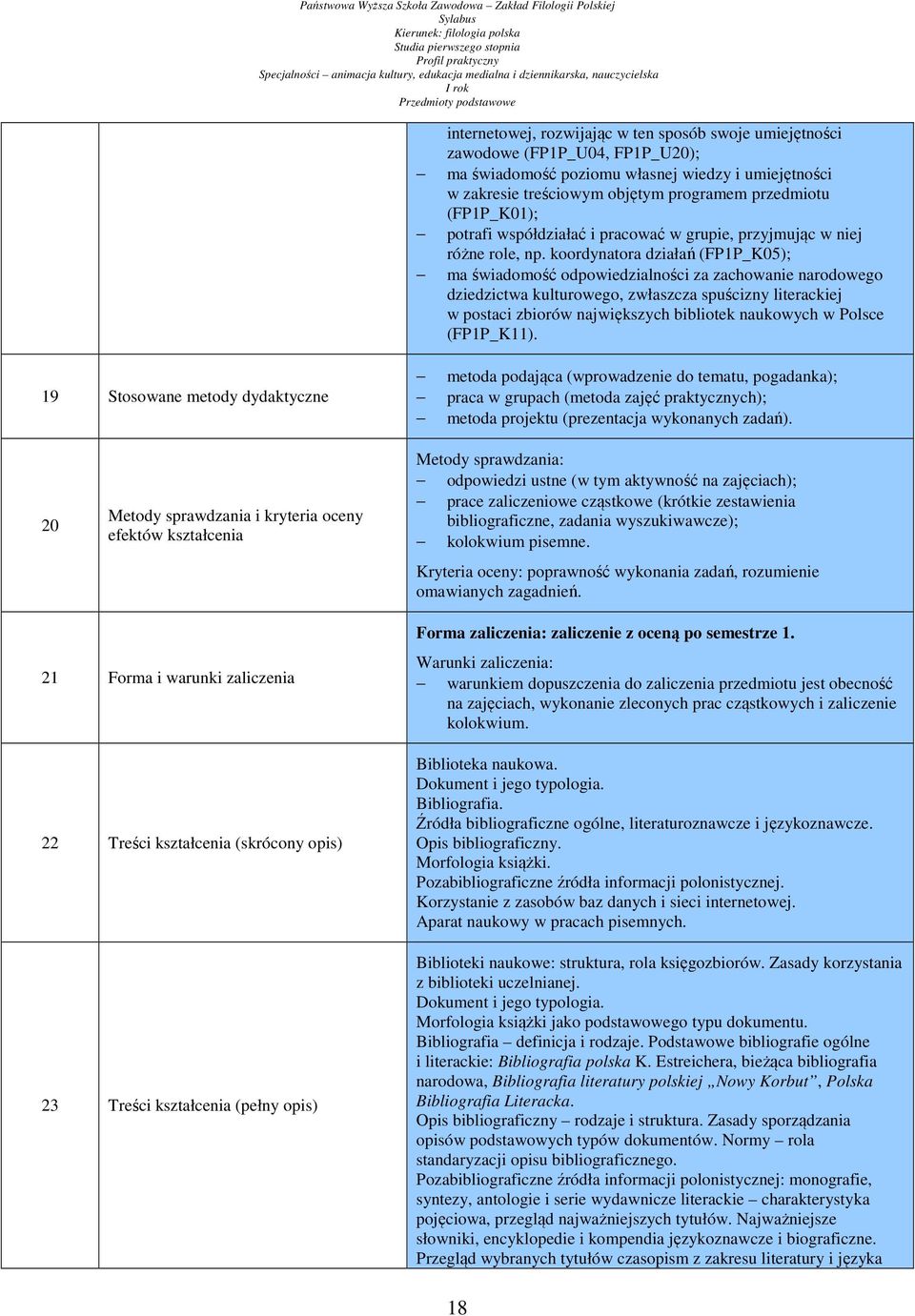 koordynatora działań (FP1P_K05); ma świadomość odpowiedzialności za zachowanie narodowego dziedzictwa kulturowego, zwłaszcza spuścizny literackiej w postaci zbiorów największych bibliotek naukowych w